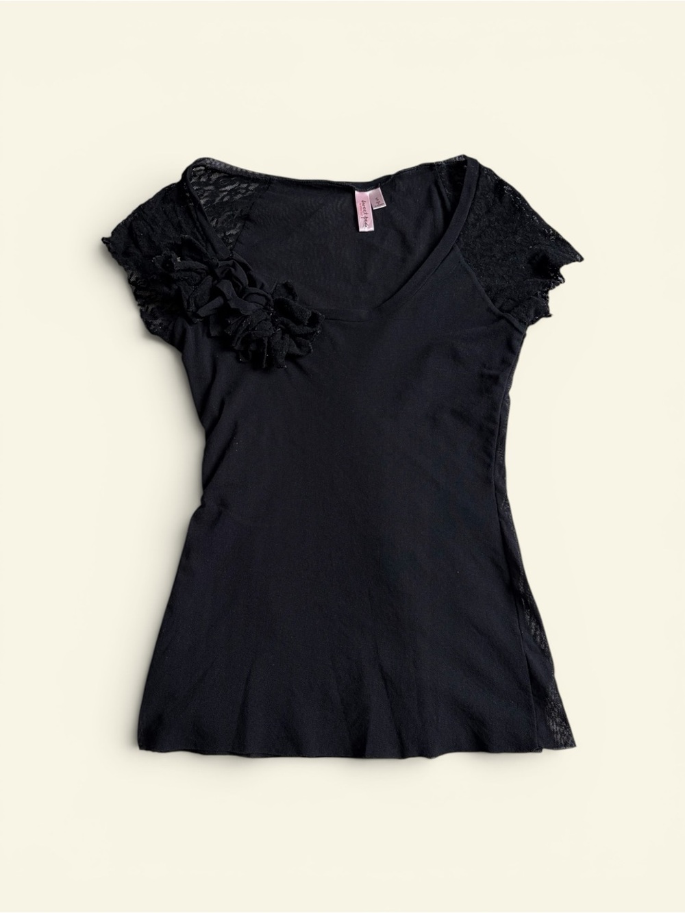 Vintage Sweet Pea Stacy Frati Black Mesh Lace Rosette Top Y2K Coquette Women's S